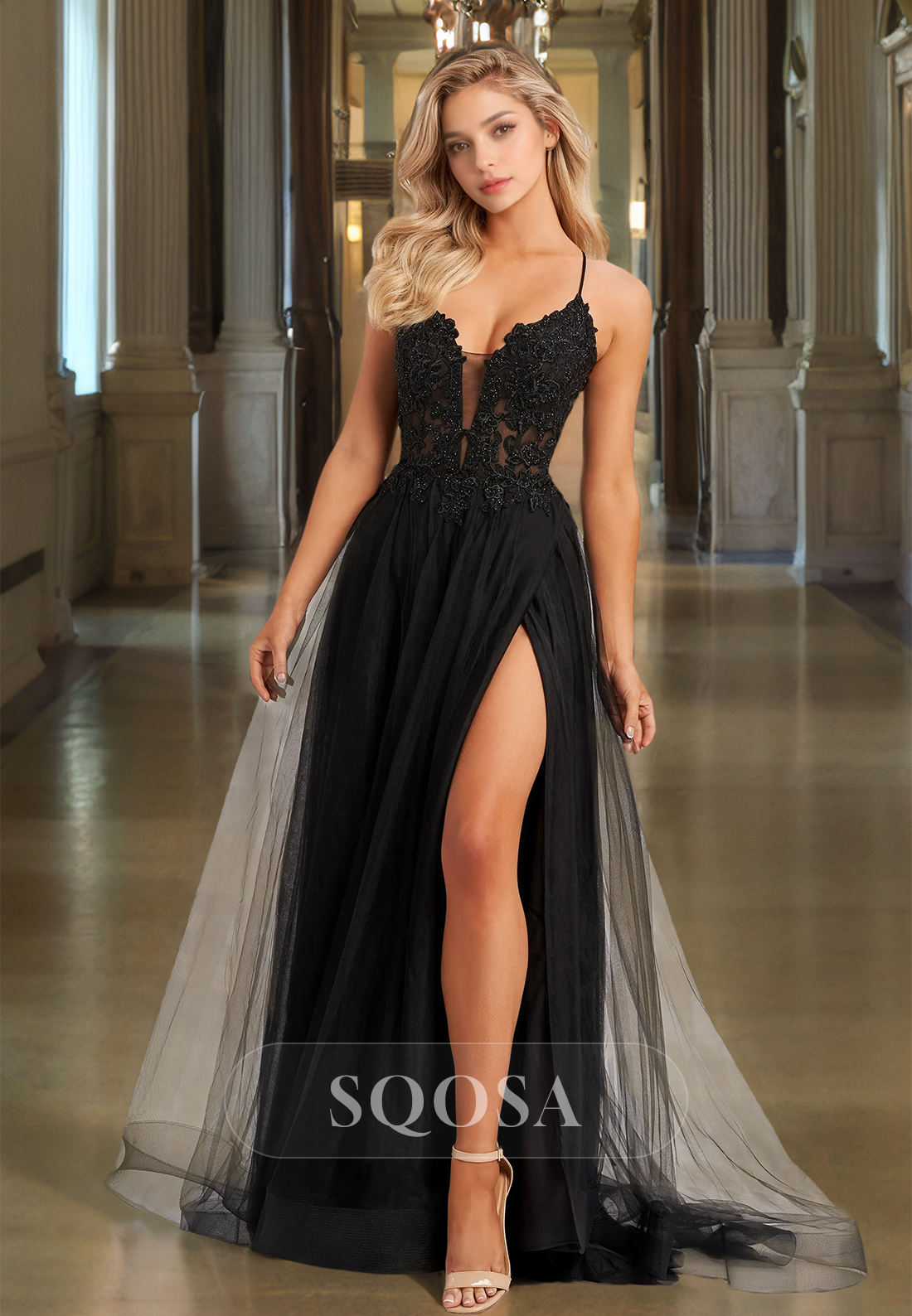 Spaghetti Straps Sweetheart Cutout A-Line Prom Dress Applique Pleated High Slit Tulle Evening Gowns