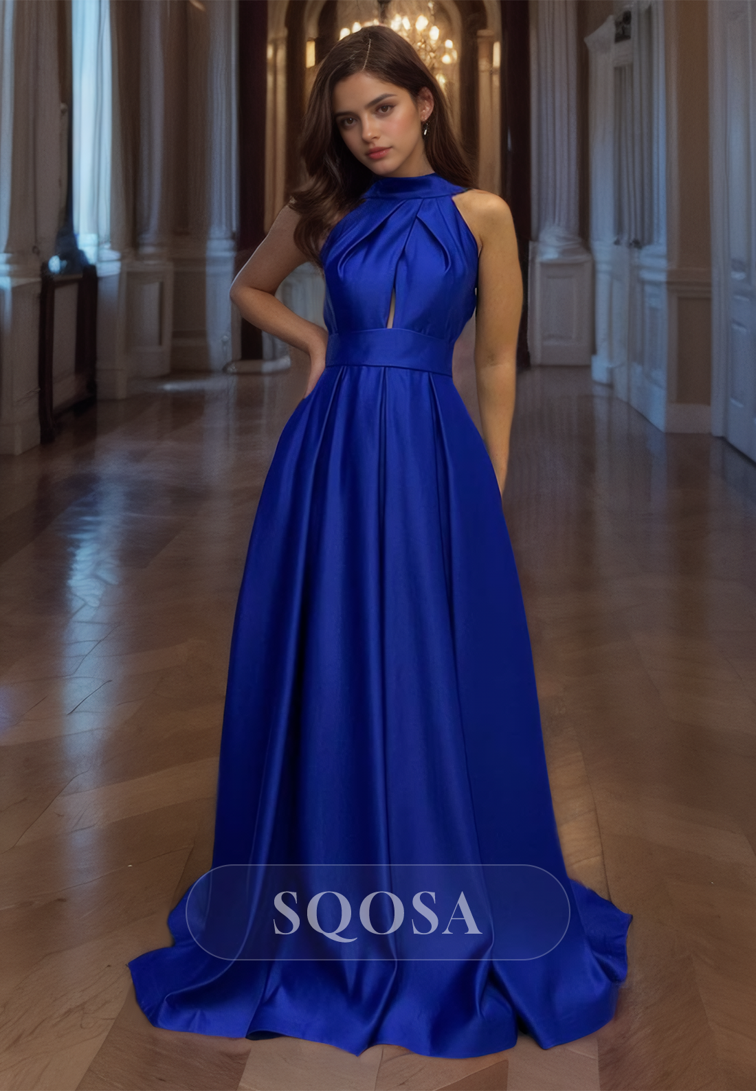 Halter-Neck Sleeveless Satin Formal Gowns Off-Shoulder Pleated Cutout A-Line Prom Dress