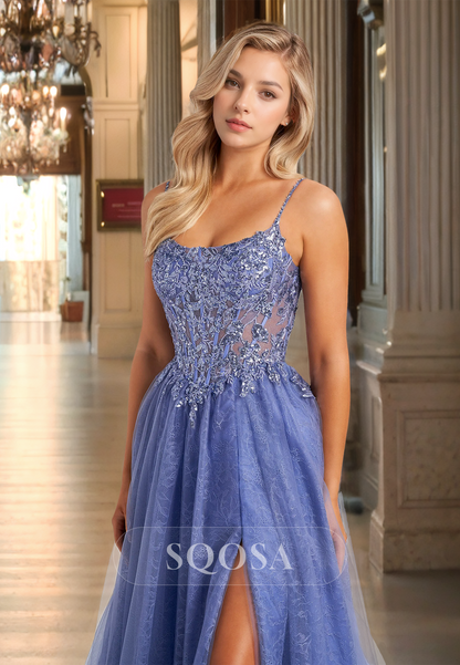 Scoop-Neck Spaghetti Straps Sleeveless Applique Party Dress Beaded Pleated High Slit A-Line Prom Gowns