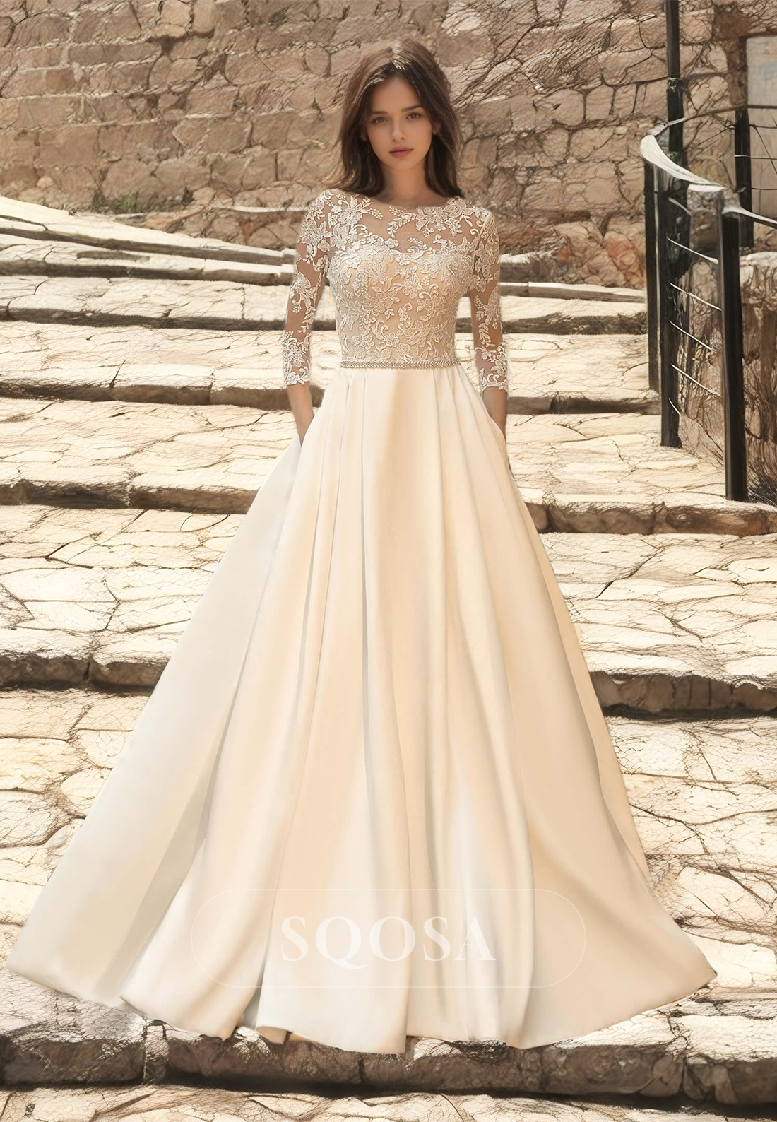 Long-Sleeves Scoop-Neck with Lace Applique Bride Gowns A-Line Sweep Train Satin Wedding Dress