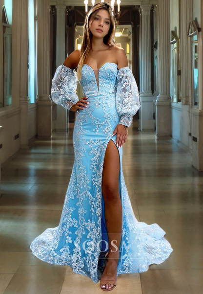 Plunging V Neck V Neck Long Sleeves Lace Mermaid Prom Dress with Slit Party Gown