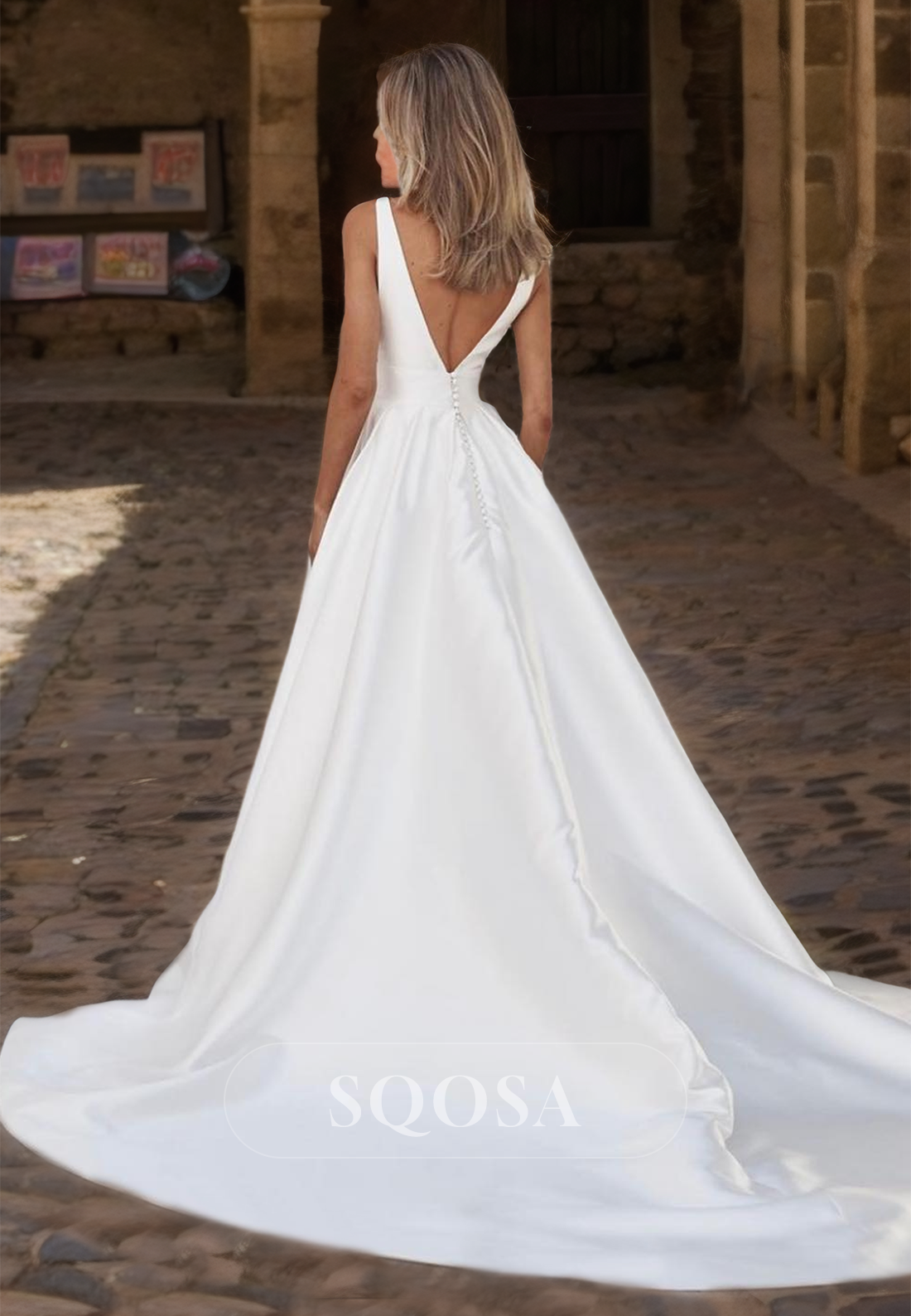 Sleeveless Deep V-Neck Straps A-Line Wedding Dress Off-Shoulder Slit with Train Bride Gowns