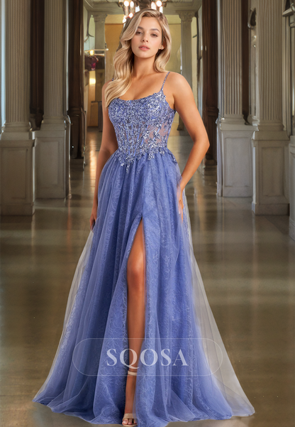 Scoop-Neck Spaghetti Straps Sleeveless Applique Party Dress Beaded Pleated High Slit A-Line Prom Gowns