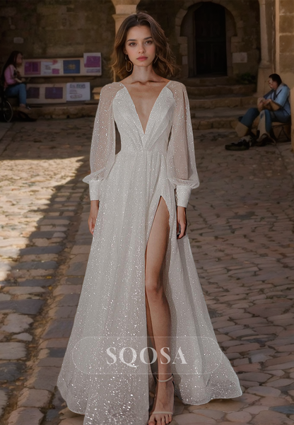 Glitter-Knit High Slit A-line Bride Gowns Deep V-Neck Long-Sleeves Pleated Floor-Length Wedding Dress