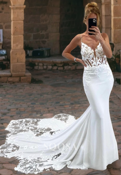 V-Neck Spaghetti Straps Mermaid Wedding Dress with Train Sleeveless Lace Bridal Dress