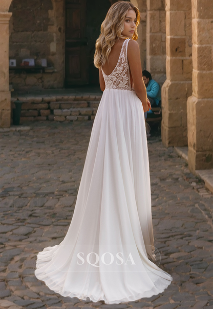 A-Line V-Neck Sleeveless Straps Blouson Lace Illusion Cutout with Sweep Train Wedding Dress