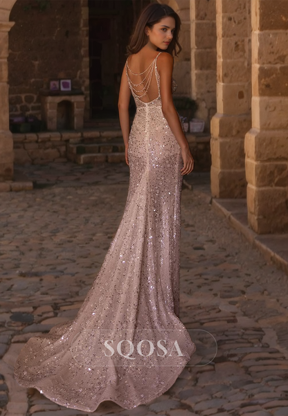 Deep V-Neck Spaghetti Straps Mermaid Wedding Dress Glitter-Knit High Slit with Train Bridal Dress Ivory / Custom Size Deep V-Neck Spaghetti Straps Mermaid Wedding Dress Glitter-Knit High Slit with Train Bridal Dress Ivory / Custom Size