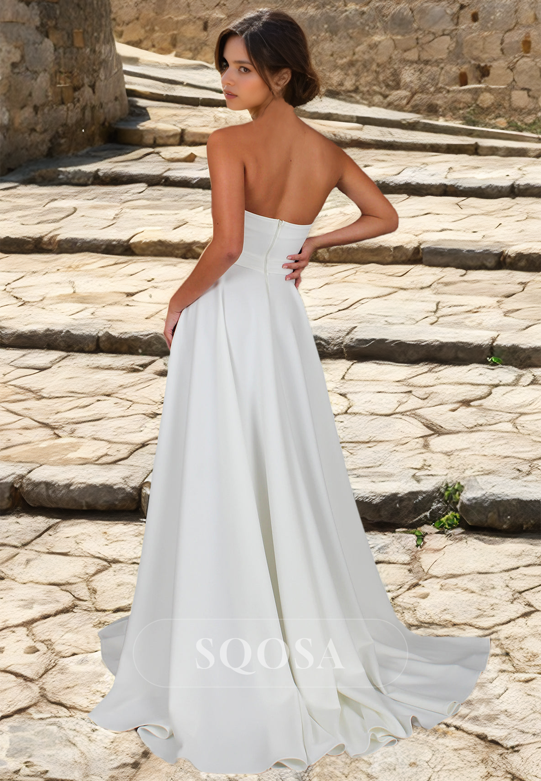 Simple Pleated Sweetheart Sleeveless A-Line Bride Gowns High-Slit Sweep Train Wedding Dress