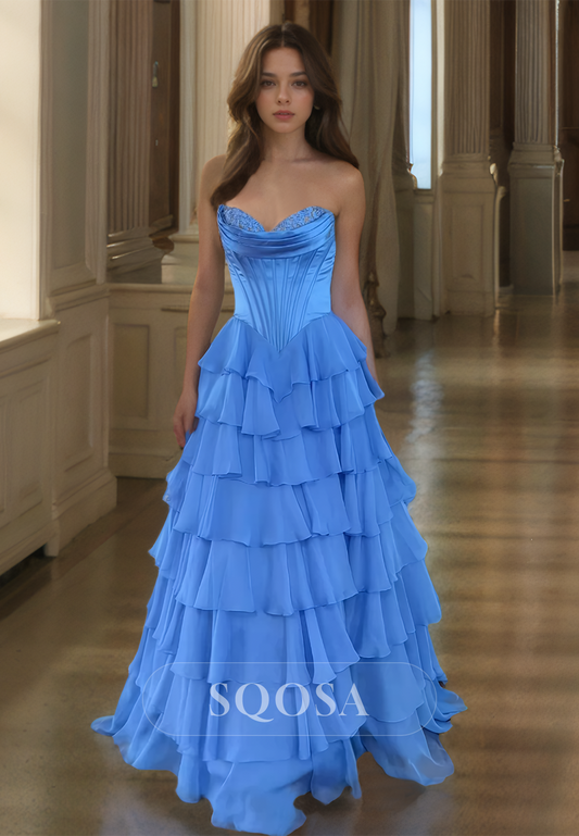 Sweetheart Sleeveless Chiffon A-Line Prom Dress Beaded Pleated Tiered Formal Gowns with Train