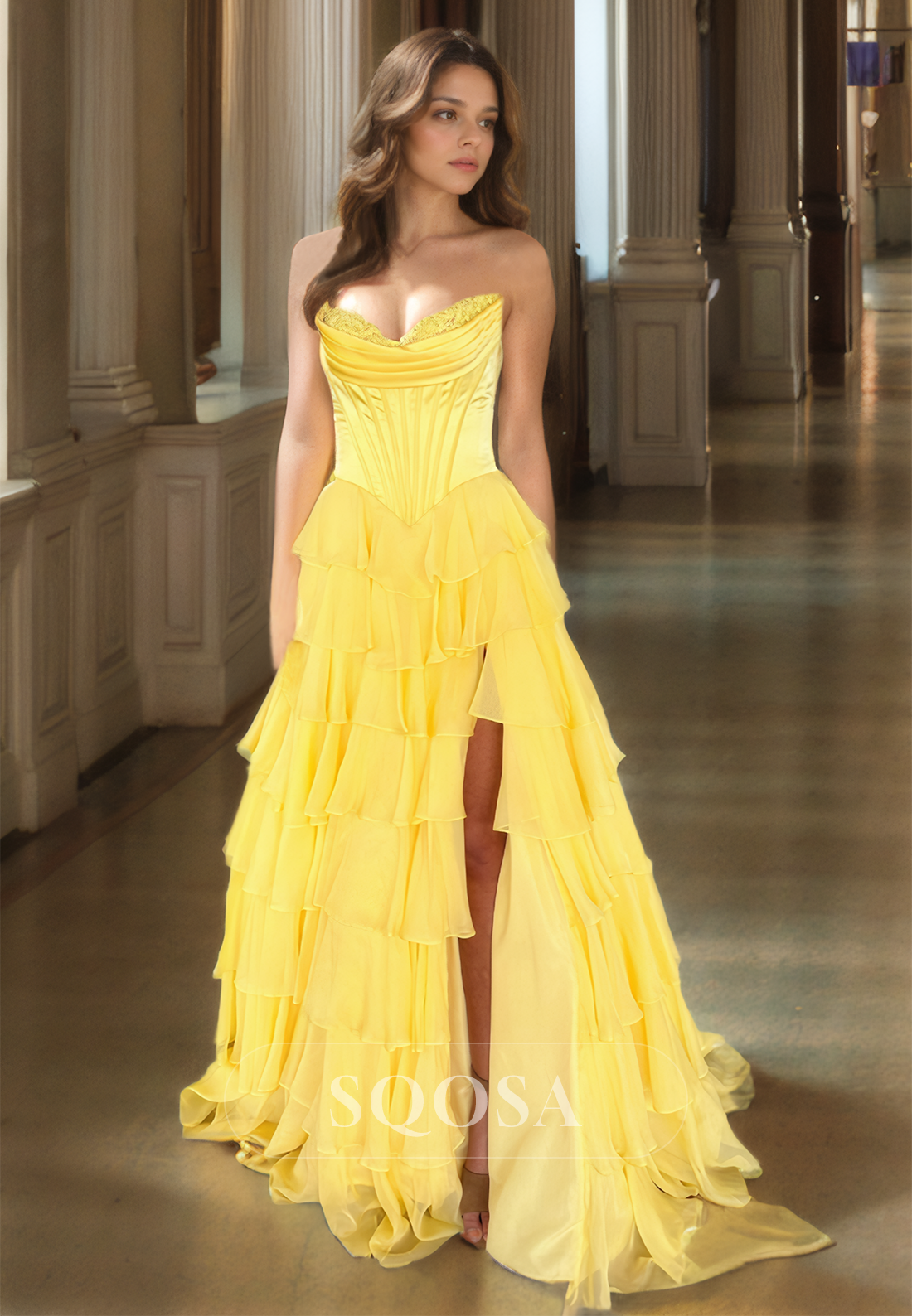 Beaded Sweetheart Chiffon Formal Gowns Sleeveless Pleated Tiered A-Line Prom Dress with High Slit