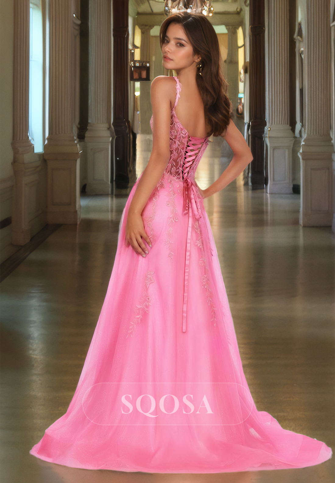 Plunging V-Neck Spaghetti Straps A-Line Prom Dress Sleeveless Foliage Motif Applique Formal Gowns