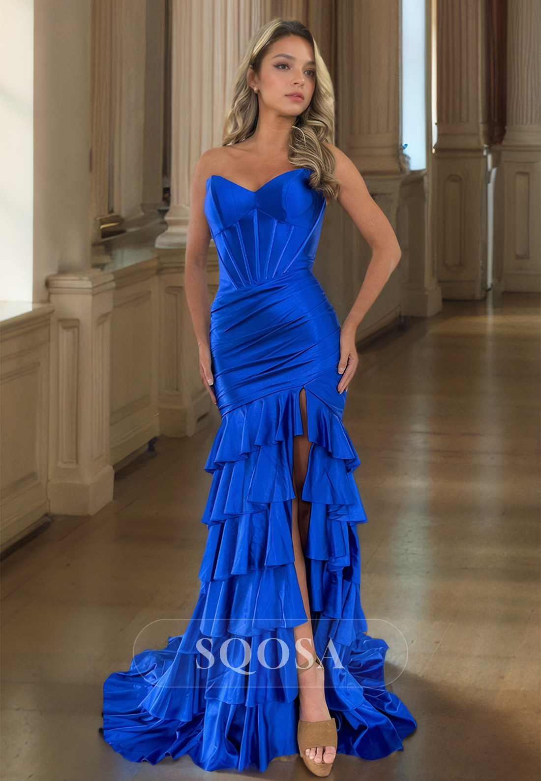 Sleeveless Sweetheart Chiffon Mermaid Prom Dress Pleated Tiered High Slit DInner Gowns with Train