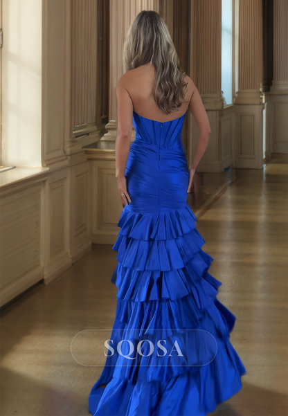 Sleeveless Sweetheart Chiffon Mermaid Prom Dress Pleated Tiered High Slit DInner Gowns with Train