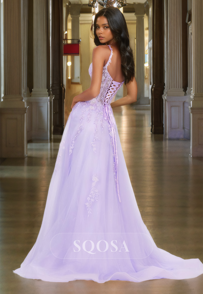 Plunging V-Neck Spaghetti Straps A-Line Prom Dress Sleeveless Foliage Motif Applique Formal Gowns