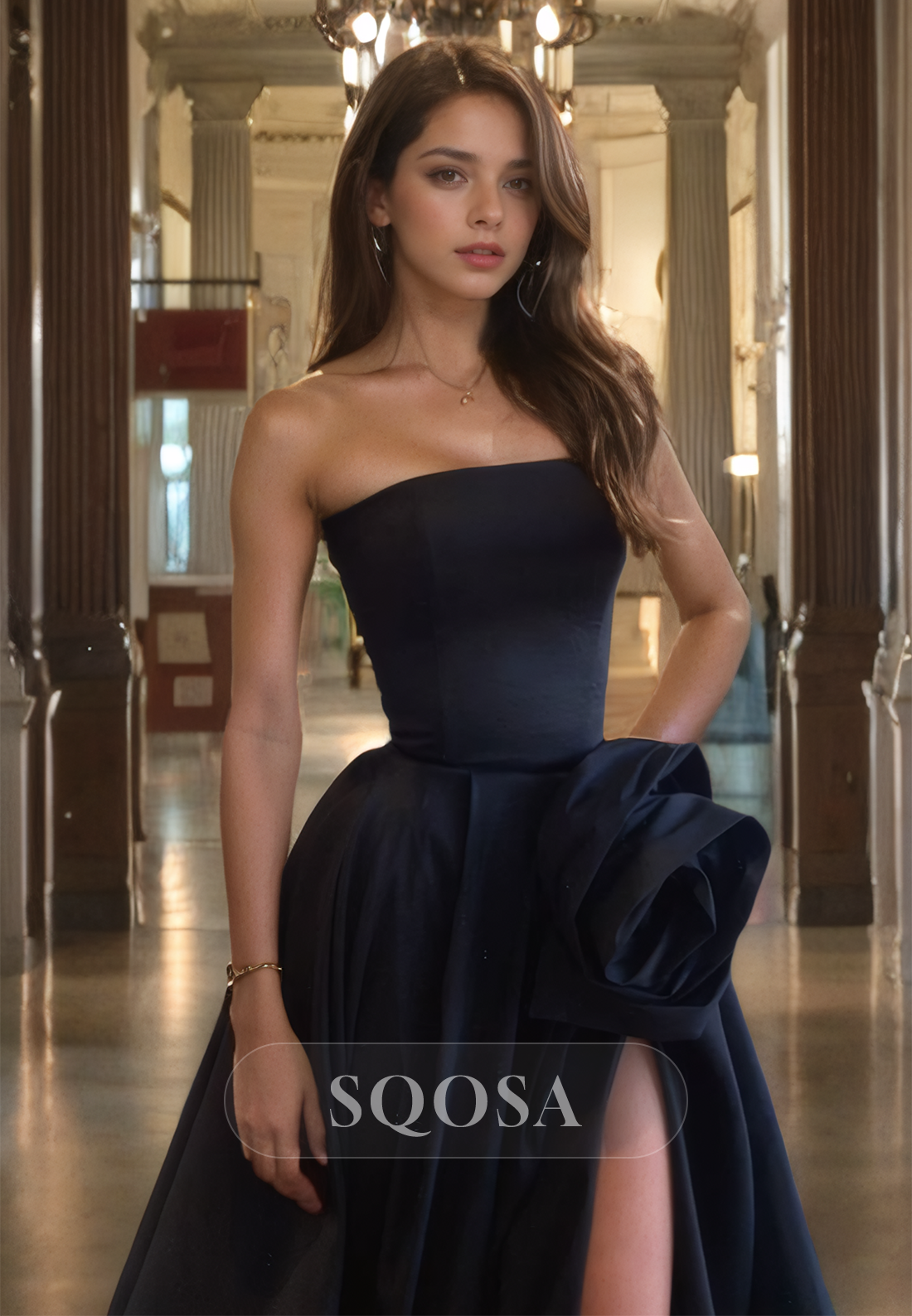 Sleeveless Tube Top A-Line Formal Party Gowns Off-Shoulder Floral Embellished with Slit Prom Dress Black&Green / US12 Sleeveless Tube Top A-Line Formal Party Gowns Off-Shoulder Floral Embellished with Slit Prom Dress Black&Green / US12