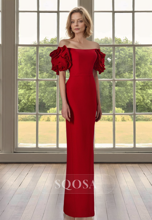 Tube Top Off-Shoulder Mermaid Mother of the Bride Dress Floral Embossed Short-Sleeves Floor Length Cocktail Gowns