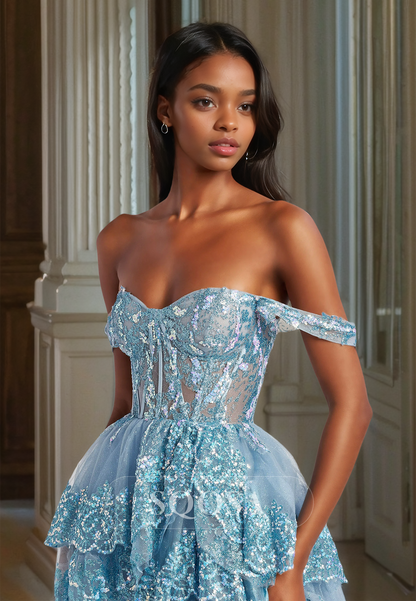 Sweetheart Sleeveless Off-Shoulder Pleaded A-Line Prom Dress Beaded Sequined Applique Slit Party Gowns