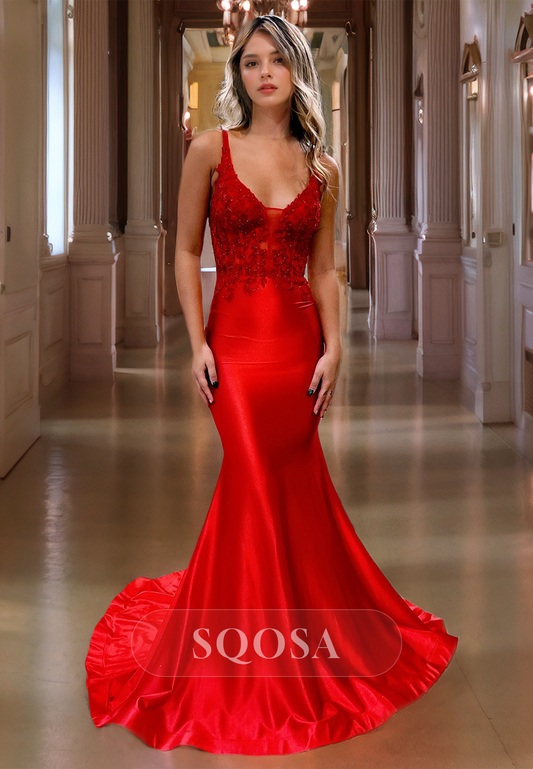 V-Neck Satin Mermaid Prom Dress with Train Spaghetti Straps Appliques Evening Dress