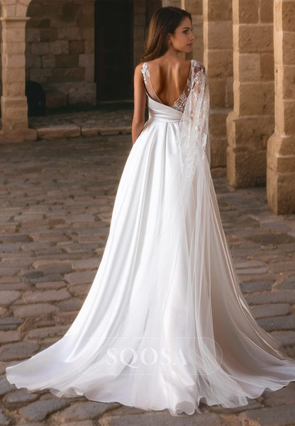 A-Line Sleeveless Asymmetrical Wedding Dress Appliques Satin Wedding Gown with Train