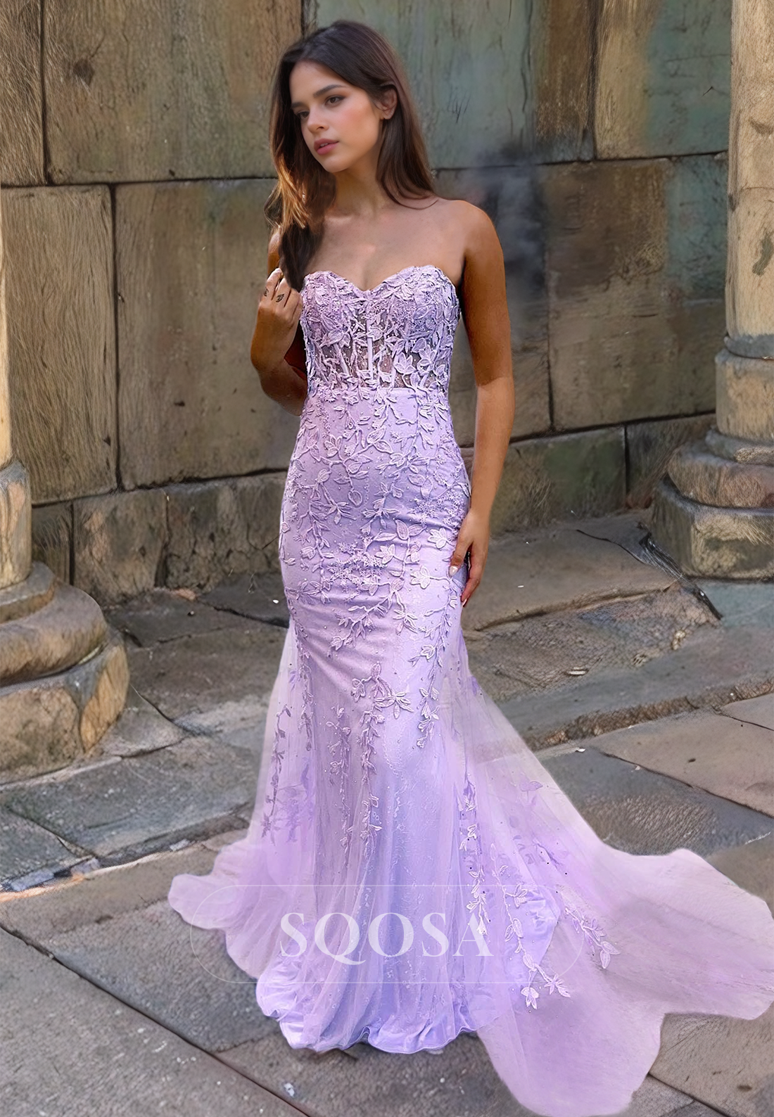 Sweetheart Sleeveless Mermaid Prom Dress Allover Lace Formal Dress with Train