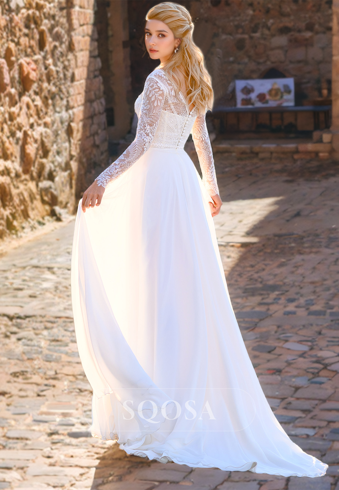 V-Neck Long Sleeves A-Line Dress Blouson Lace Wedding Dress Slit with Sweep Train