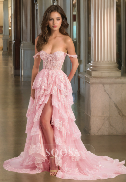 Sweetheart Sleeveless Off-Shoulder Pleaded A-Line Prom Dress Beaded Sequined Applique Slit Party Gowns