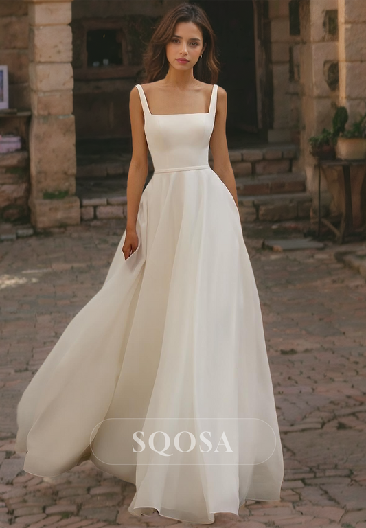 Simple Square-Neck Straps Sleeveless A-Line Chiffon with Sweep Train Beach Wedding Dress