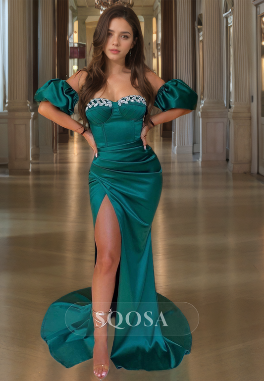 Puff-Sleeves Sweetheart Sleeveless Pleated Satin High Slit Mermaid Prom Dress with Sweep Train