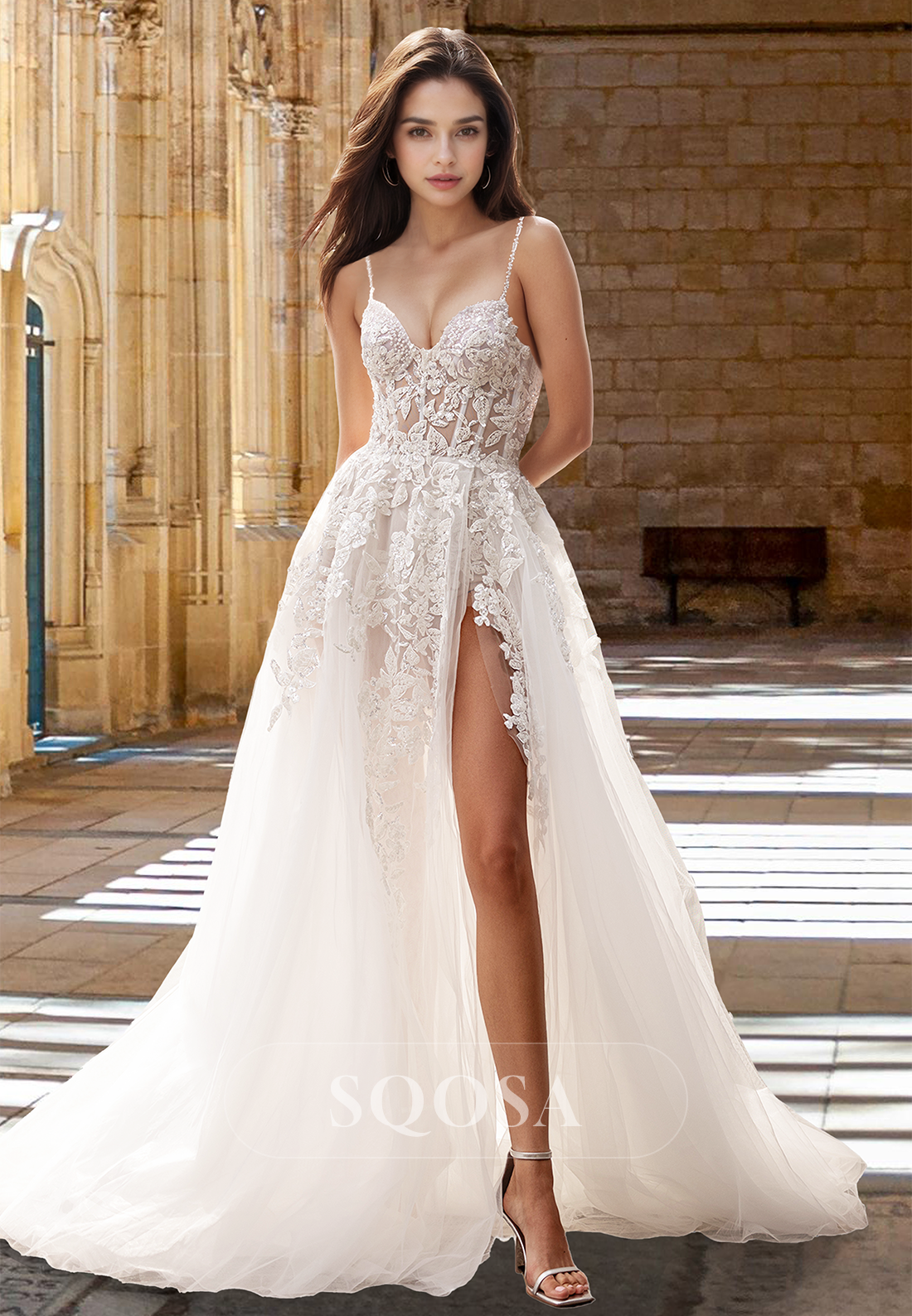 Spaghetti Straps Sweetheart A-Line Wedding Dress Lace Applique Beaded Pleated Bride Gowns with High Slit White / US12