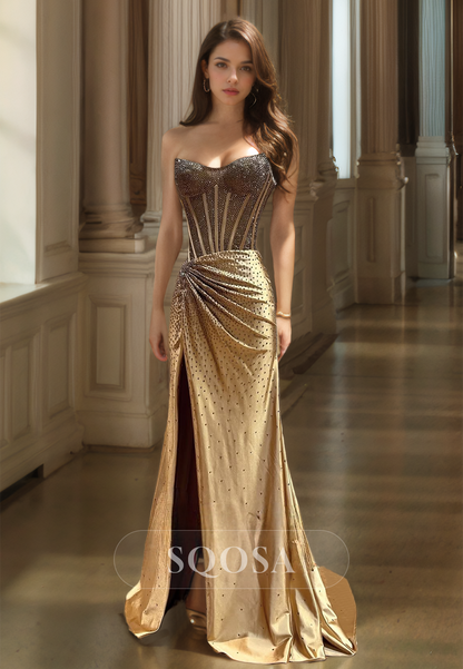 Scoop-Neck Sleeveless Pleated Mermaid Prom Dress Blouson Fully Beaded High Slit Evening Gowns