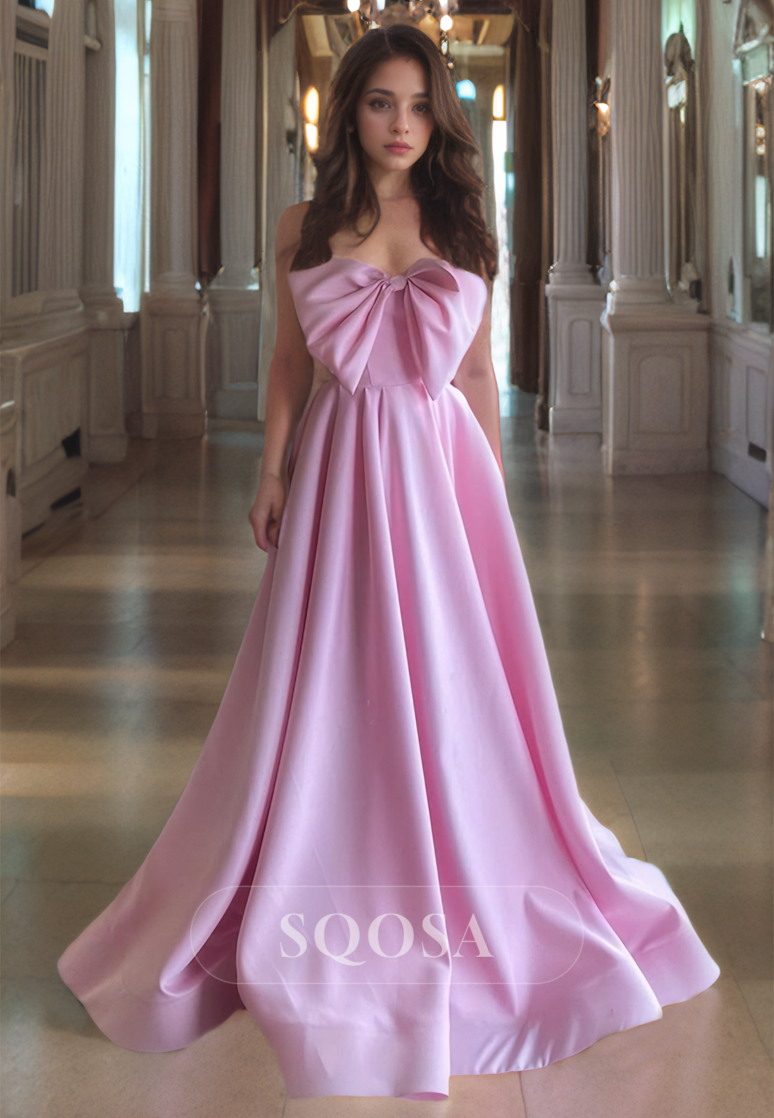 Simple A-Line Sleeveless Tube Top Off-Shoulder Satin Train Formal Prom Dress with Big Bows