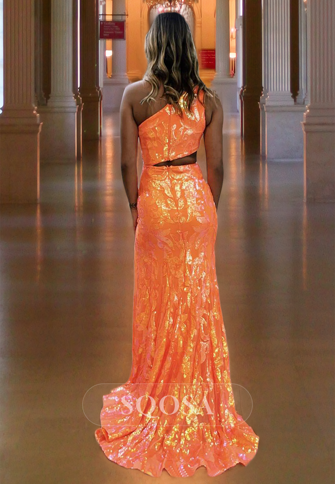 Asymmetrical Neck Sleeveless Fitted Prom Dress Applique Floor Length with Slit Parey Gown Custom Color / US10 Asymmetrical Neck Sleeveless Fitted Prom Dress Applique Floor Length with Slit Parey Gown Custom Color / US10