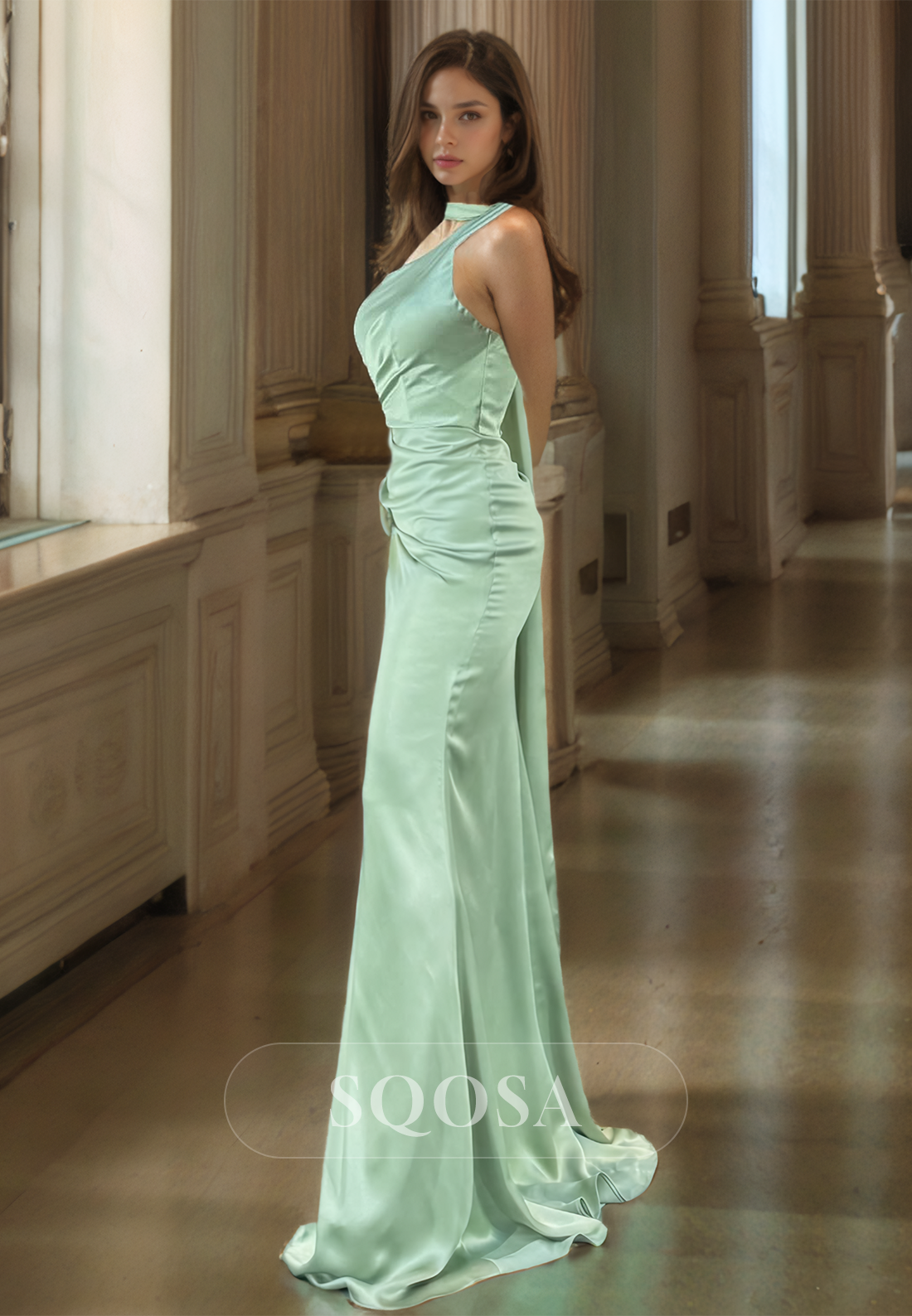 Asymmetrical Halter-Neck One-Strap Sleeveless Pleated Satin Mermaid Prom Dress with High Slit