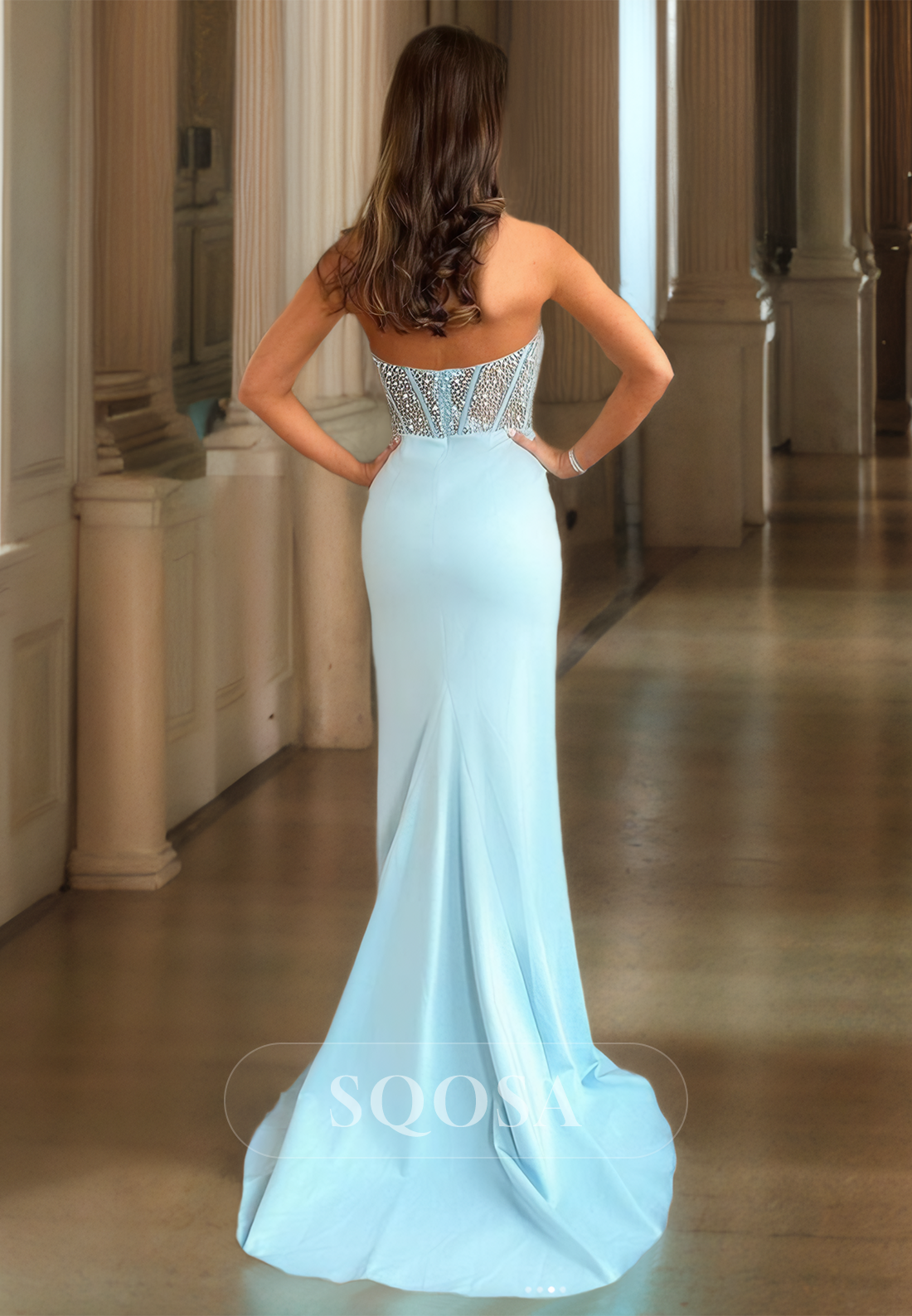 Sleeveless Sweetheart Satin Fitted Prom Dress Beaded High Slit Party Gowns with Sweep Train