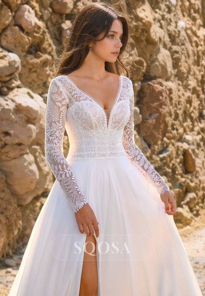 V-Neck Long Sleeves A-Line Dress Blouson Lace Wedding Dress Slit with Sweep Train