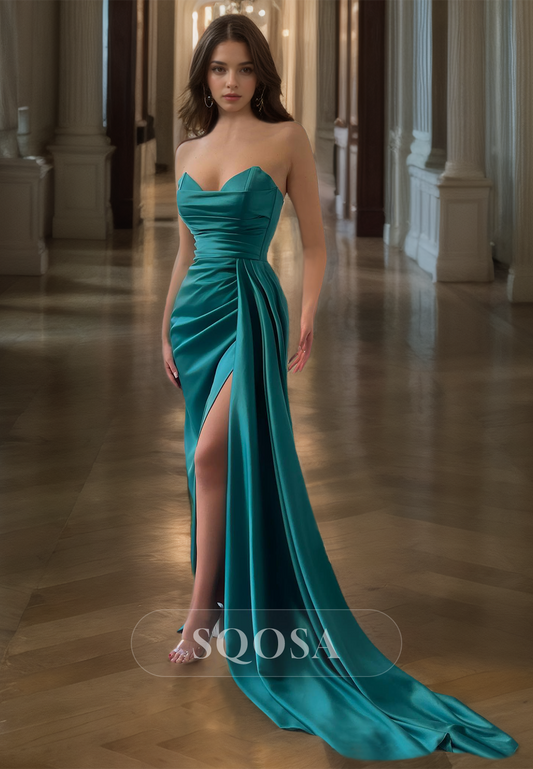 Sweetheart Sleeveless Satin Fitted Party Gowns Pleated Slit with Sweep Train Prom Dress