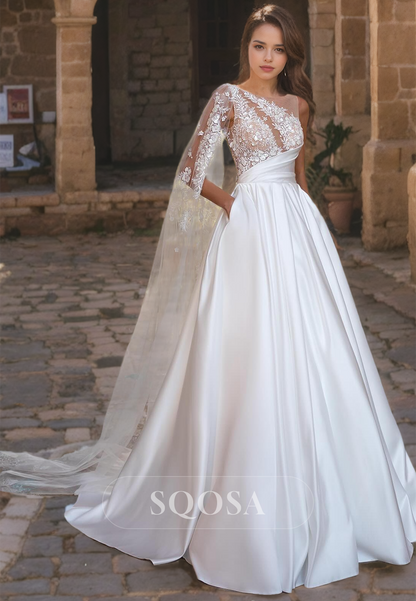 A-Line Sleeveless Asymmetrical Wedding Dress Appliques Satin Wedding Gown with Train Ivory / US12 A-Line Sleeveless Asymmetrical Wedding Dress Appliques Satin Wedding Gown with Train Ivory / US12