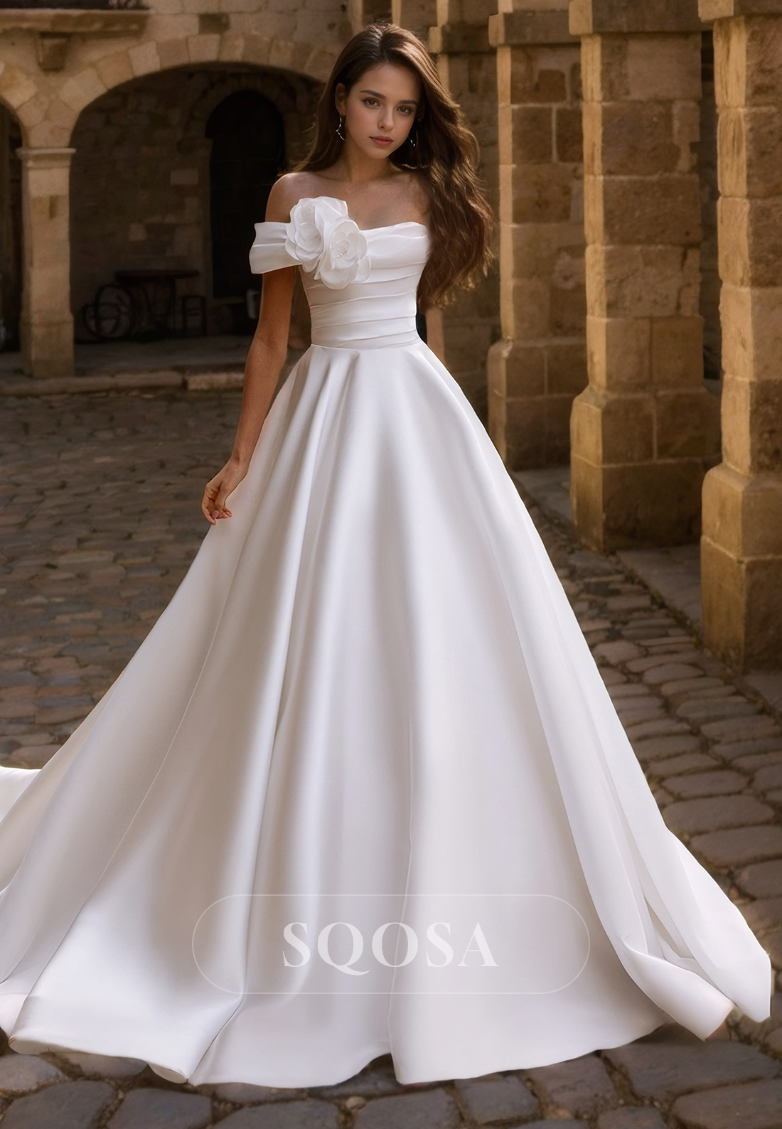 A Line Strapless Flower Satin Romantic Wedding Dress with Train