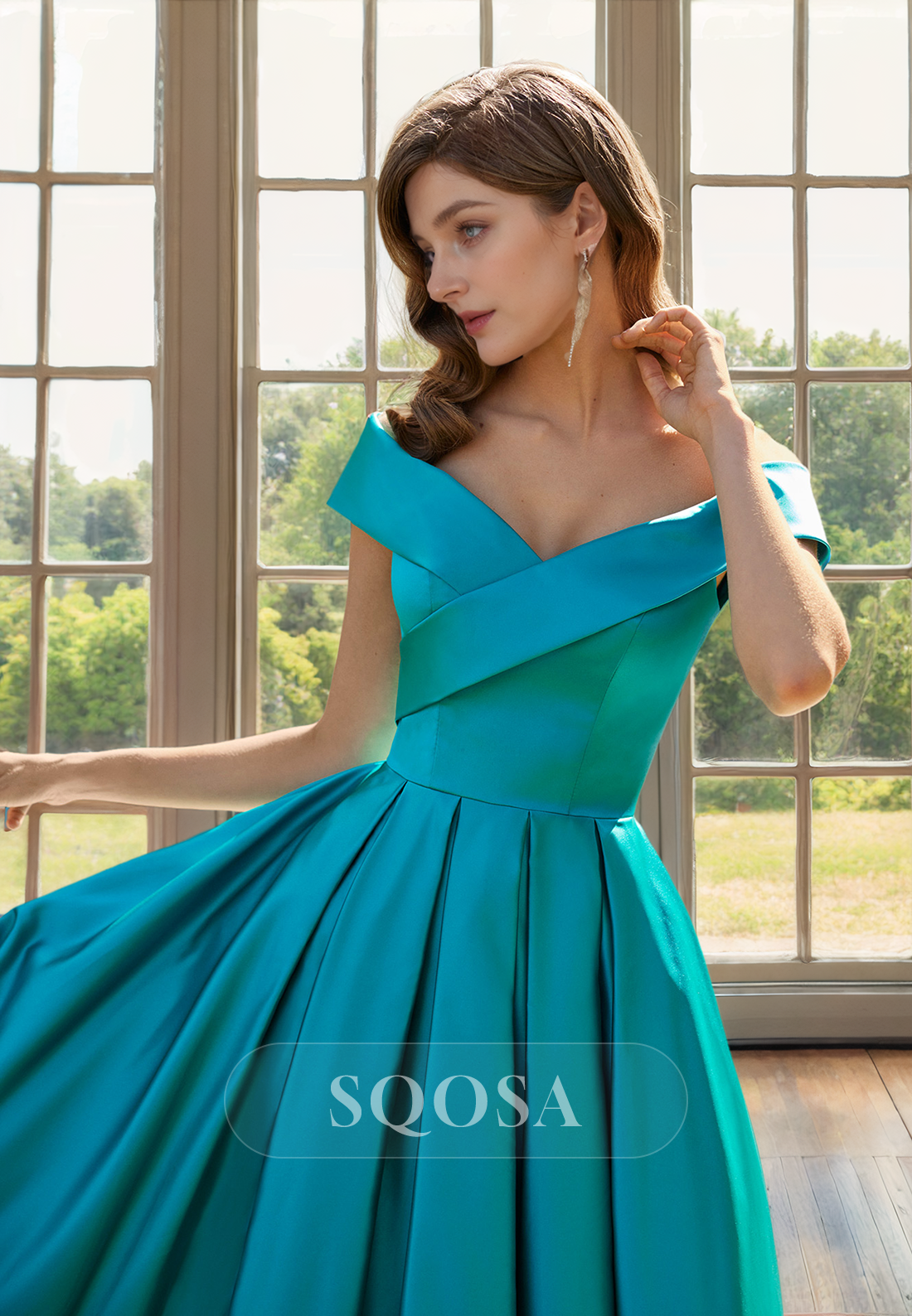 A Line Off Shoulder Satin Elegant Long Cocktail Dress with Slit Mother of the Bride Dress