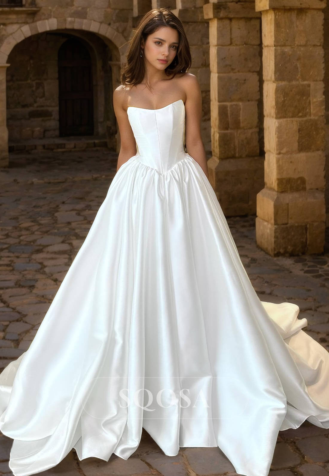 A Line Strapless Satin Elegant Wedding Dress with Pockets