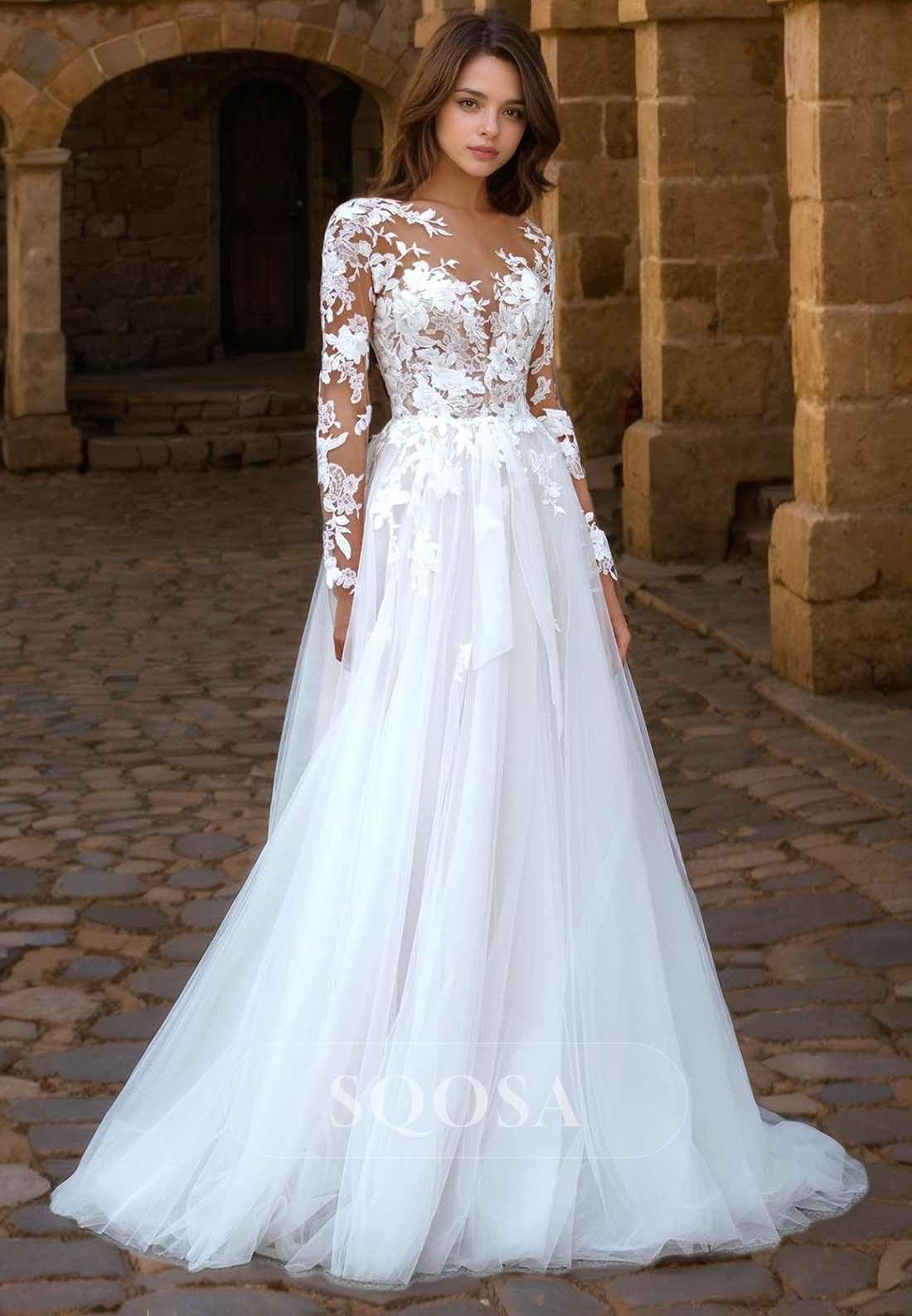 A Line Illusion Neckline Lace Appliques Long Sleeves Romantic Wedding Dress US8 / Ivory A Line Illusion Neckline Lace Appliques Long Sleeves Romantic Wedding Dress US8 / Ivory