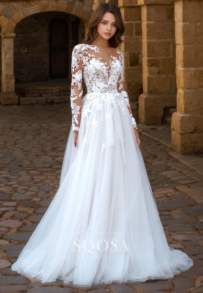 A Line Illusion Neckline Lace Appliques Long Sleeves Romantic Wedding Dress US8 / Ivory A Line Illusion Neckline Lace Appliques Long Sleeves Romantic Wedding Dress US8 / Ivory