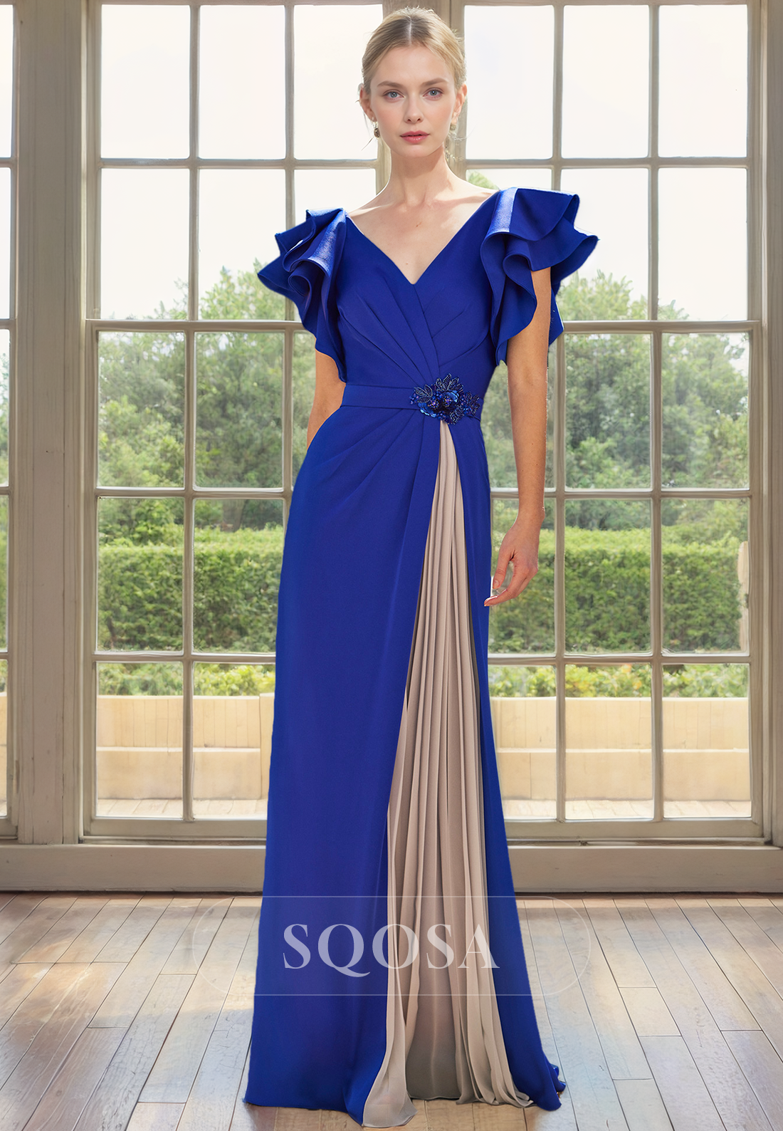 Sheath V Neck Short Sleeves Pleats Elegant Mother of the Bride Dress – SQOSA