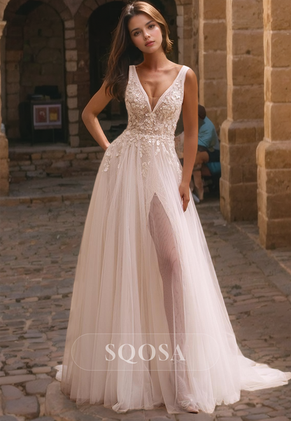 V-Neck Straps Sleeveless A-Line Applique and Beaded Illusion Cutout Wedding Dress with Train