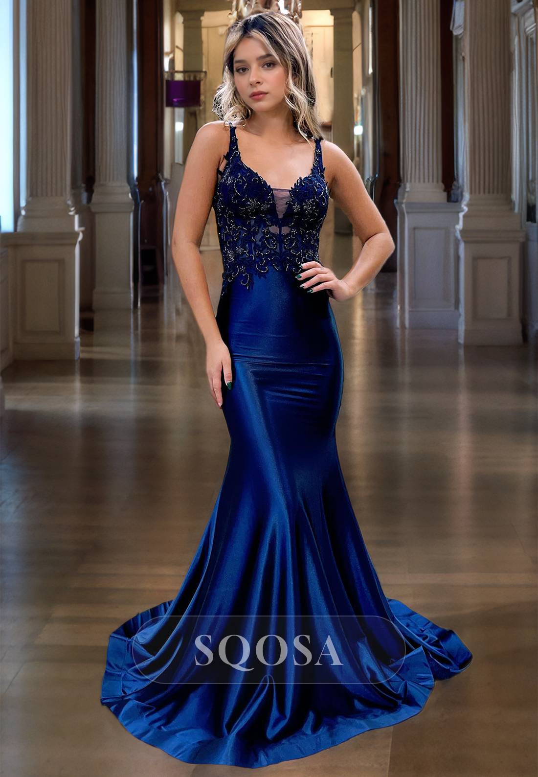 V-Neck Satin Mermaid Prom Dress with Train Spaghetti Straps Appliques Evening Dress