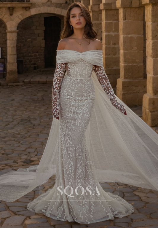 Unique Off Shoulder Lace Long Sleeves Mermaid Wedding Dress with Overskrit