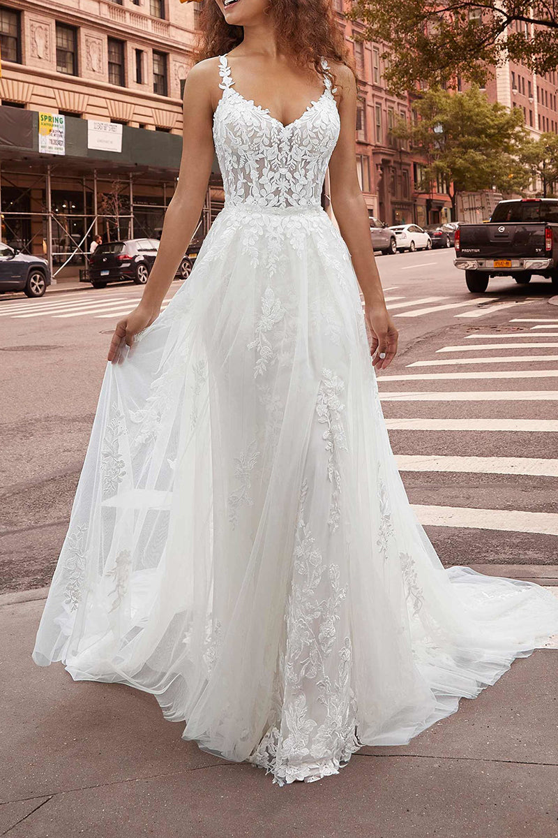 Spaghetti Straps V Neck Mermaid Wedding Dress with Detachable Skirt Lace Bridal Gown QW2294 Custom Size / White Spaghetti Straps V Neck Mermaid Wedding Dress with Detachable Skirt Lace Bridal Gown QW2294 Custom Size / White