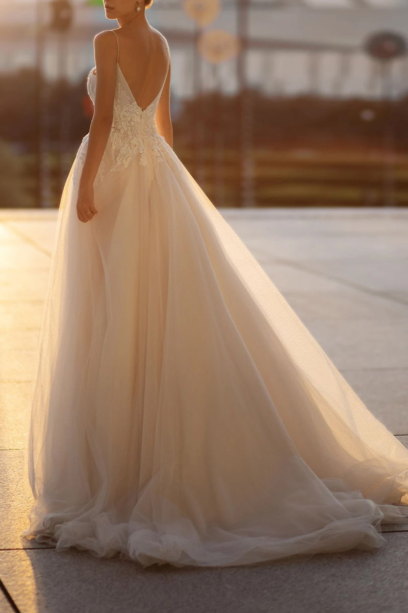 A line Spaghetti Straps Lace Appliques Bohemian Wedding Dress QW2212 SQOSA A line Spaghetti Straps Lace Appliques Bohemian Wedding Dress QW2212 SQOSA