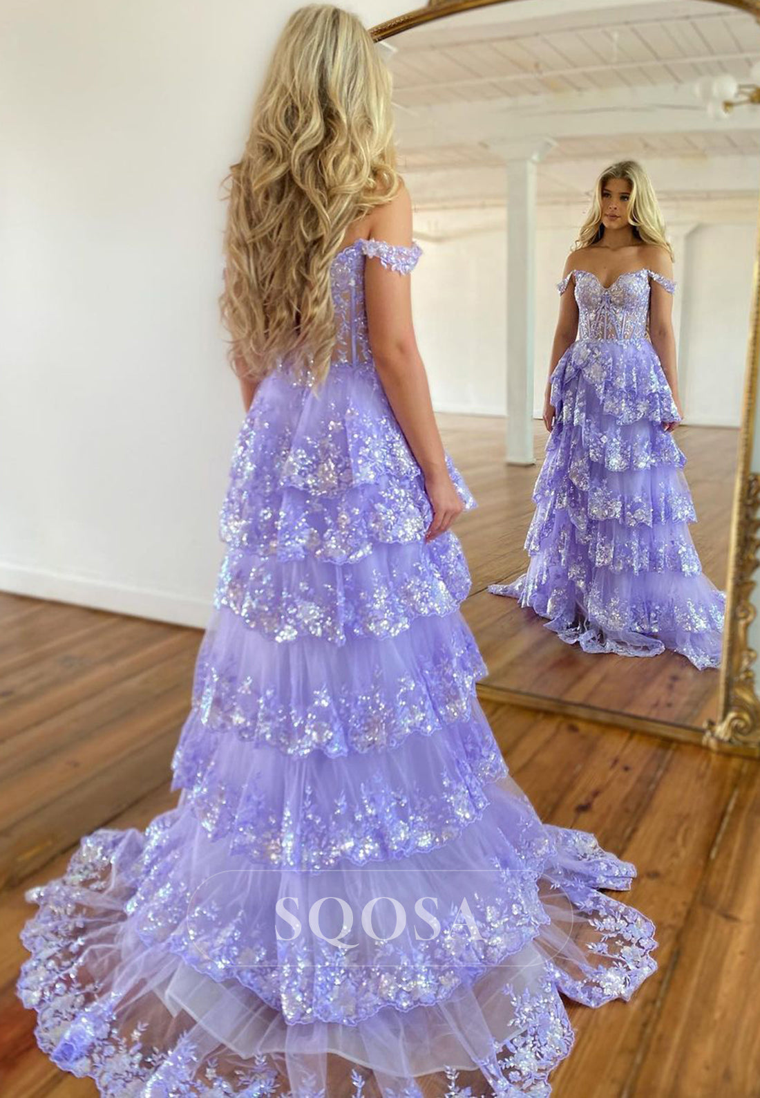 A line Off Shoulder Lace Tiered Prom Dress with Slit Long Homecoming Dress