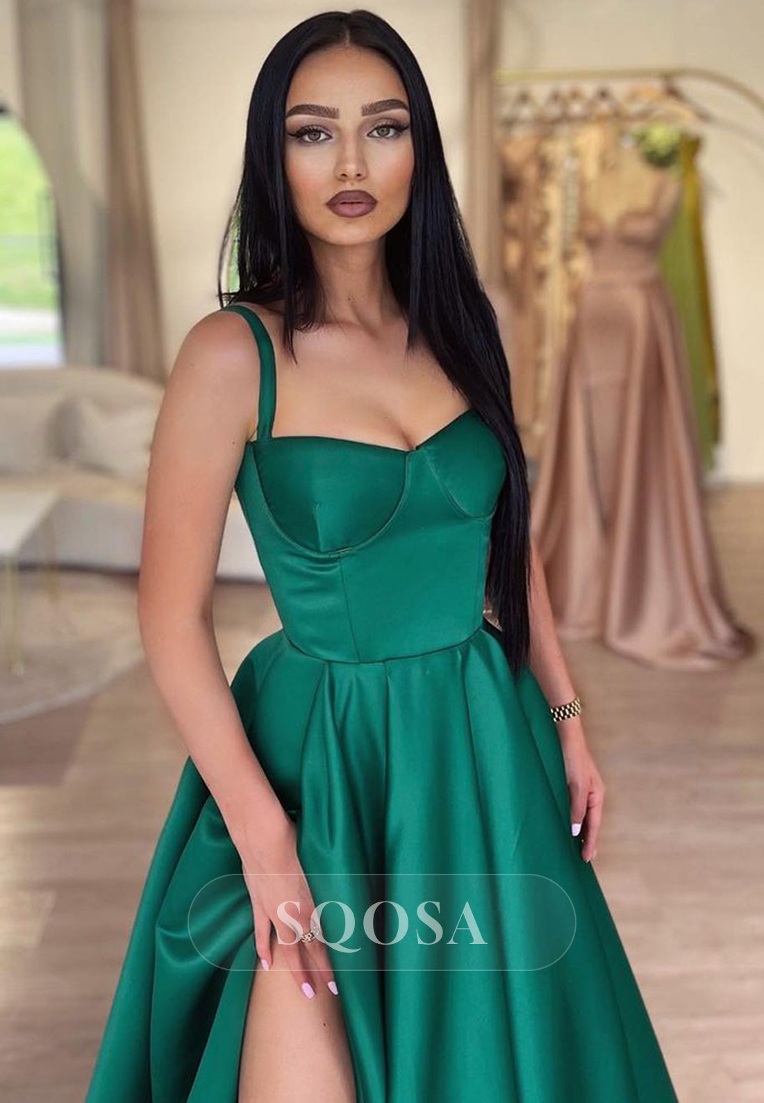 A Line Sweetheart High Split Green Long Prom Dress with Pockets